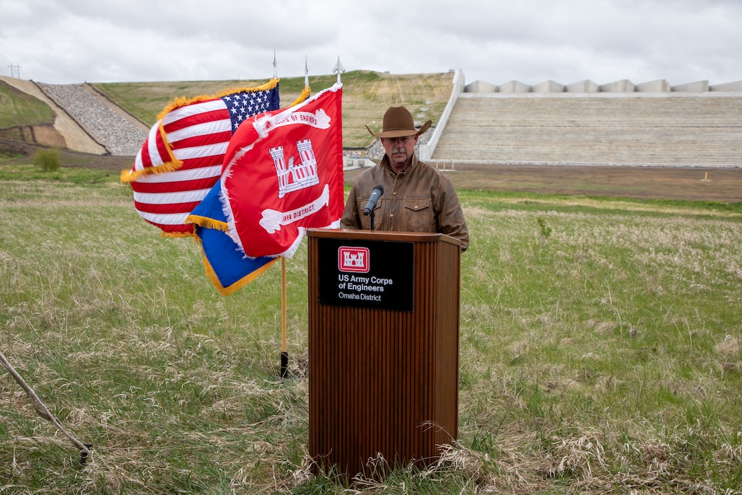 Contractor partner Mike Fuller speaks at the Pipestem Dam spillway modification project ribbon-cutting ceremony in Jamestown, North Dakota, May 19, 2026. (U.S. Army photo by Delanie Stafford)