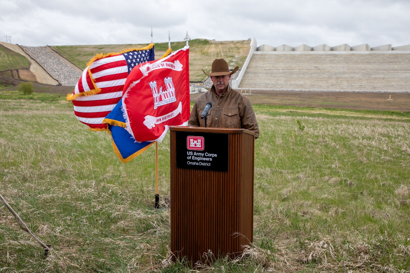 Contractor partner Mike Fuller speaks at the Pipestem Dam spillway modification project ribbon-cutting ceremony in Jamestown, North Dakota, May 19, 2026. (U.S. Army photo by Delanie Stafford)