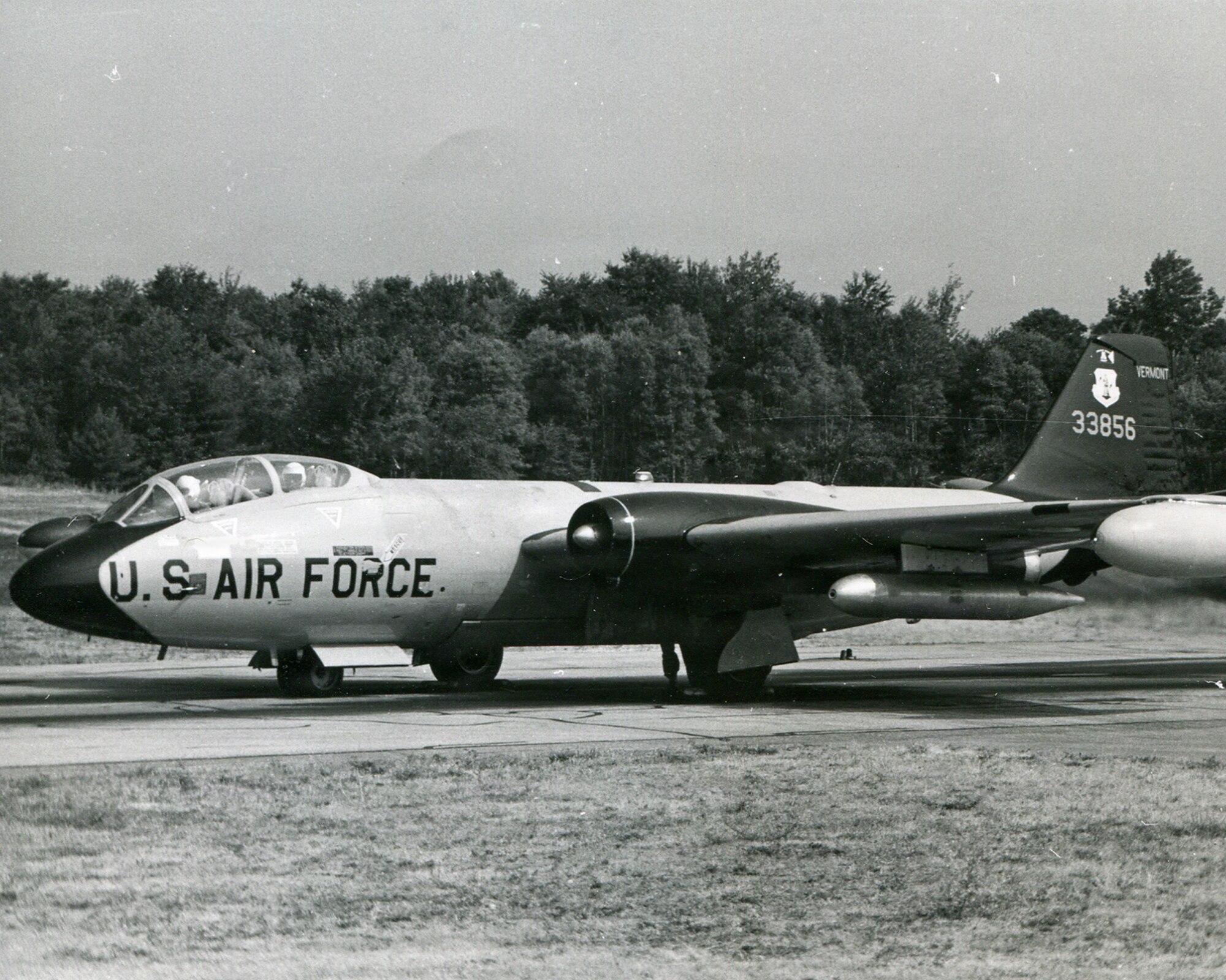 Photo of a U.S. Air Force EB-57, assigned to the Vermont Air National Guard, taxis on a runway in South Burlington, Vermont. The photo is used to provide historical context to the story, but does not feature the pilots described in the story.