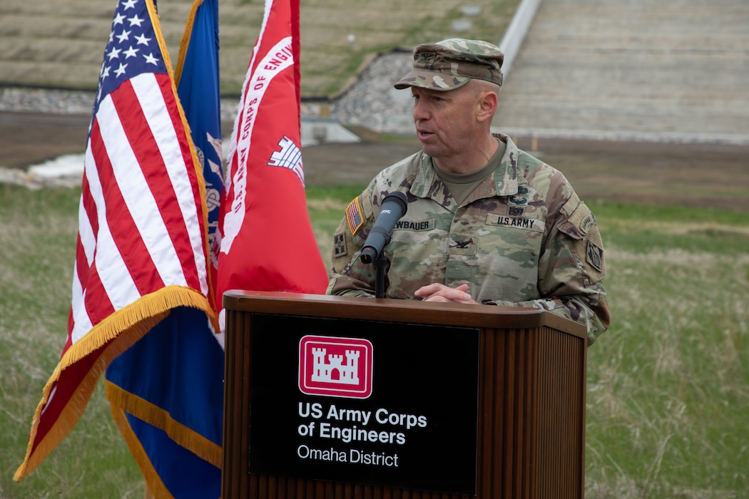 Col. Robert Newbauer, commander of the U.S. Army Corps of Engineers, Omaha District, speaks at the Pipestem Dam spillway modification project ribbon-cutting ceremony in Jamestown, North Dakota, May 19, 2026. (U.S. Army photo by Delanie Stafford)