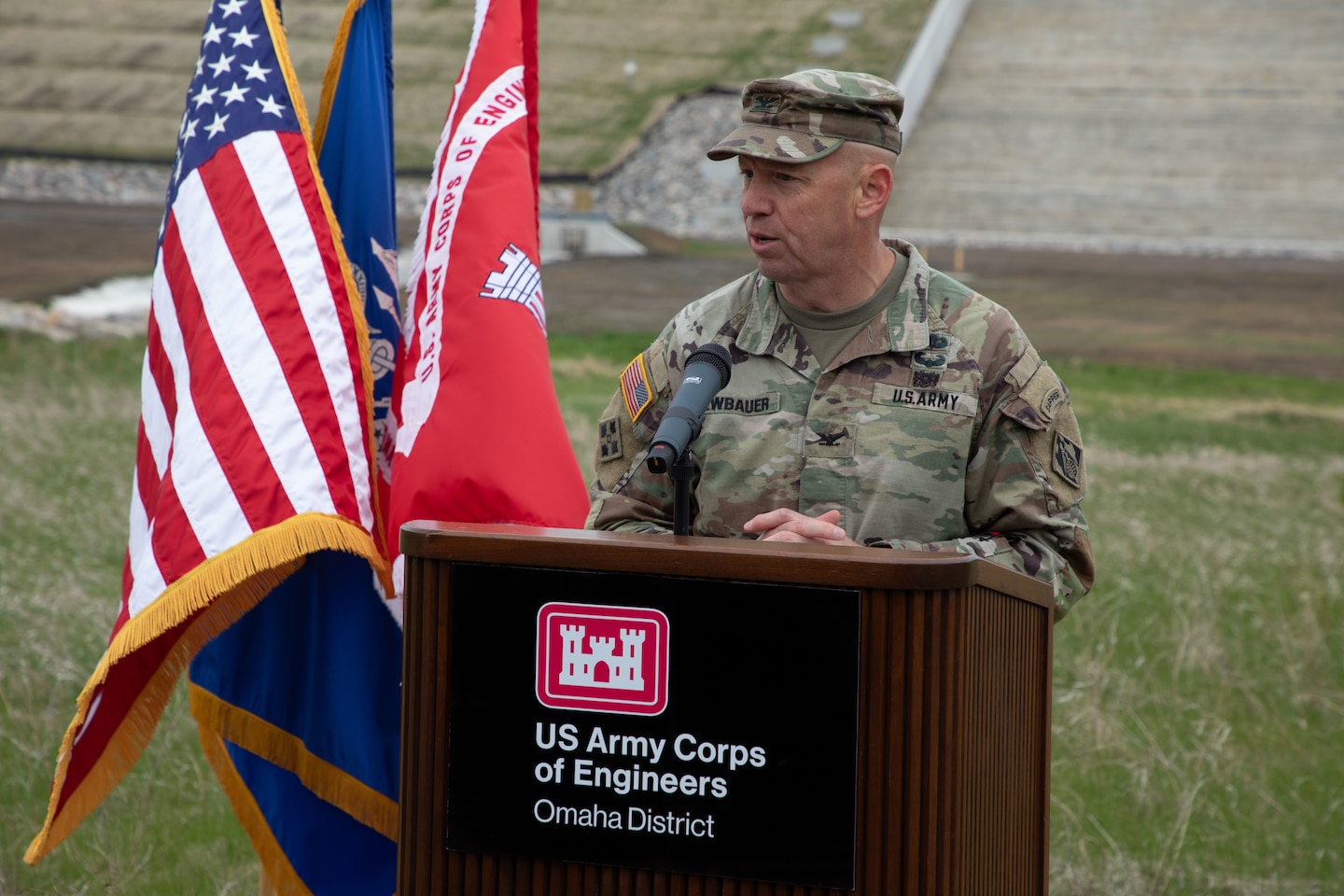 Col. Robert Newbauer, commander of the U.S. Army Corps of Engineers, Omaha District, speaks at the Pipestem Dam spillway modification project ribbon-cutting ceremony in Jamestown, North Dakota, May 19, 2026. (U.S. Army photo by Delanie Stafford)