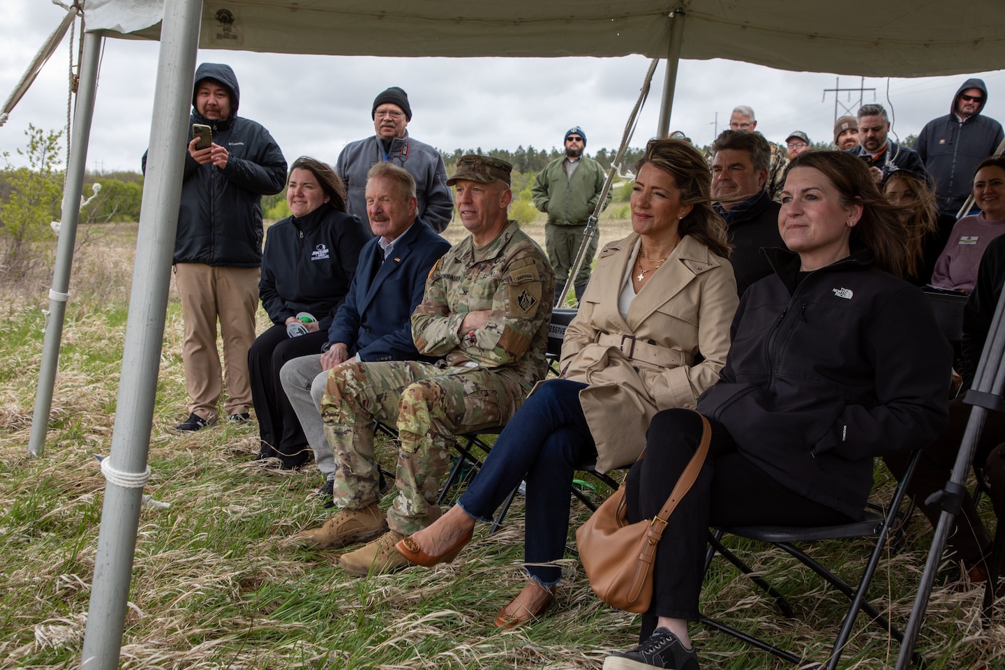 Leadership from the U.S. Army Corps of Engineers, Omaha District, alongside Jamestown Mayor Dwaine Heinrich, North Dakota Lt. Gov. Michelle Strinden, and contractor partners attend the ribbon-cutting ceremony for the Pipestem Dam spillway modification project in Jamestown, North Dakota, May 19, 2026. (U.S. Army photo by Delanie Stafford)
