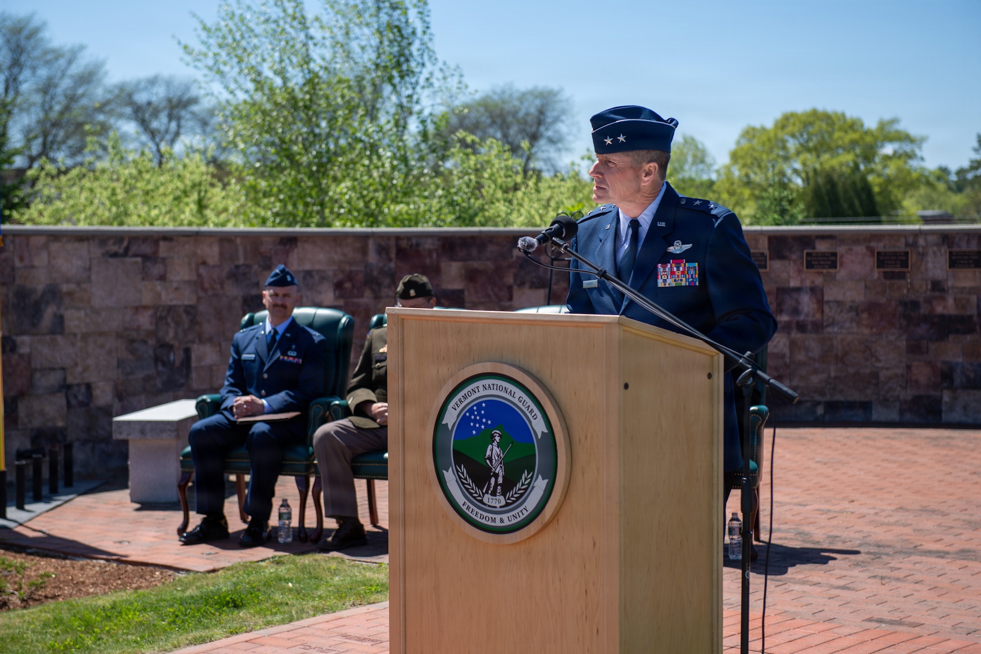 Photo of U.S. Air Force Maj. Gen. Hank Harder Jr., the Adjutant General of Vermont, delivering remarks during a Memorial Day ceremony at Camp Johnson in Colchester, Vt., May 21, 2026.