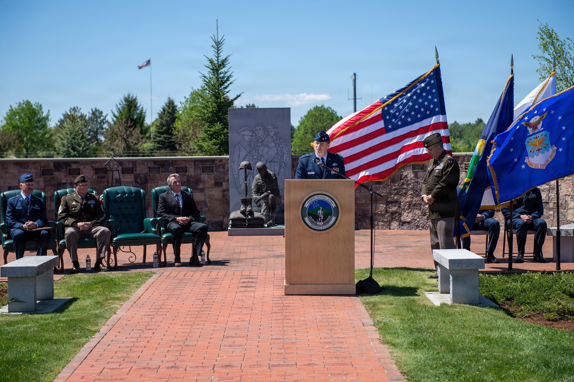 Photo of U.S. Air Force Maj. Gen. Hank Harder Jr., the Adjutant General of Vermont, delivering remarks during a Memorial Day ceremony at Camp Johnson in Colchester, Vt., May 21, 2026.