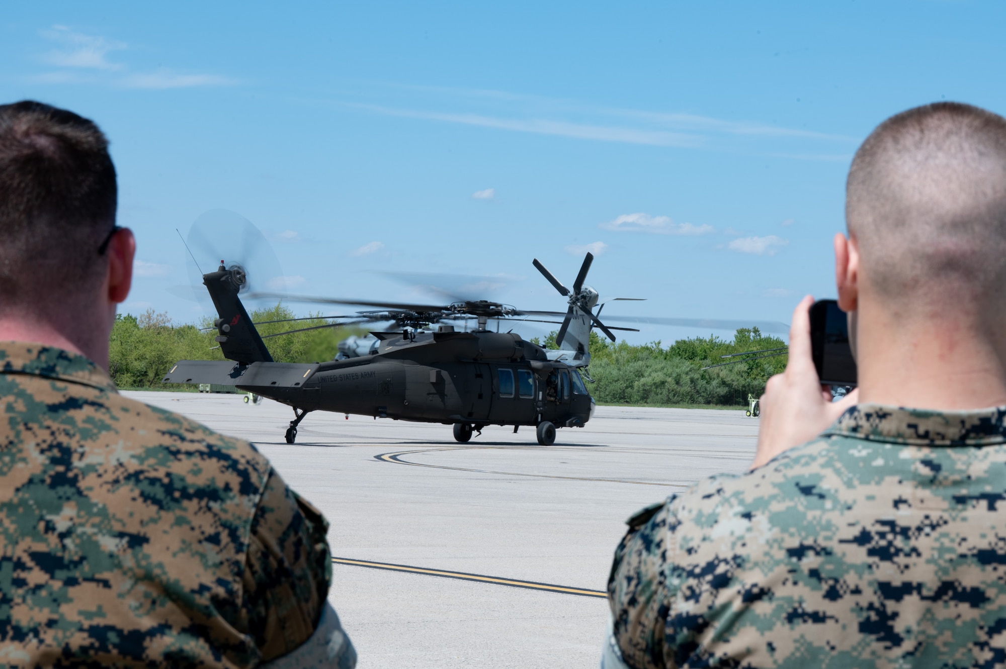 A UH-60 Black Hawk, assigned to the New Jersey National Guard Aviation Army Support Facility, departs the Mid-Atlantic Aviation Coordination Summit at Joint Base McGuire-Dix-Lakehurst, N.J., May 1, 2026. The MAACS helped prepare units to operate in the same air space safely during disaster responses. (U.S. Air Force photo by Airman 1st Class Haeleigh Bayle)