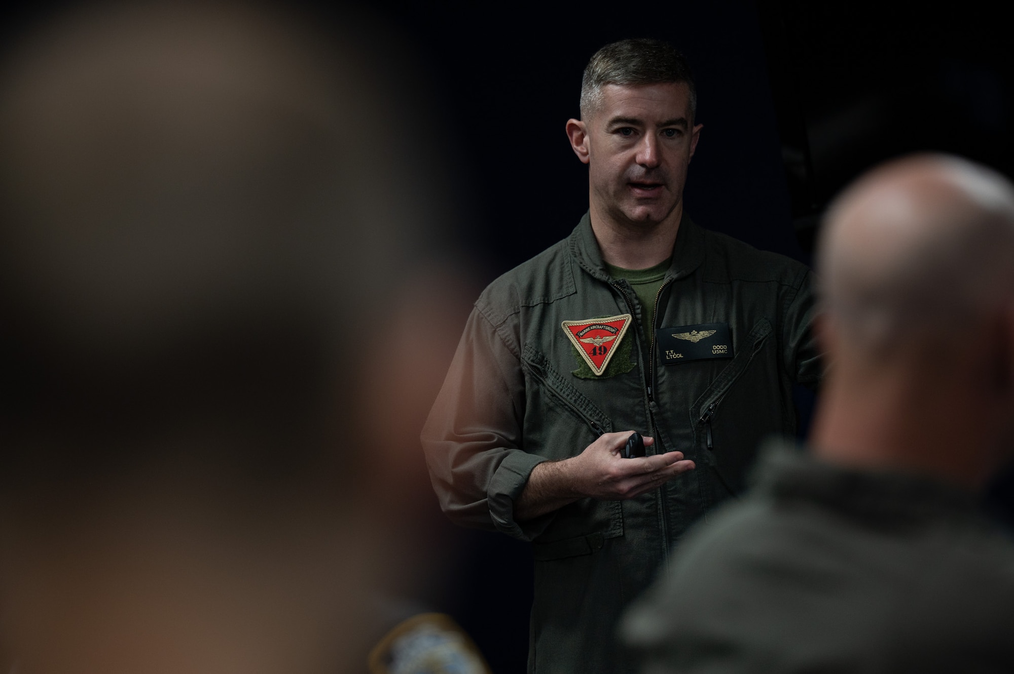 U.S. Marine Corps Lt. Col. Taylor Dodd, Marine Aircraft Group 49 operations officer, briefs local first responders and mission partners during the Mid-Atlantic Aviation Coordination Summit at Joint Base McGuire-Dix-Lakehurst, N.J., May 1, 2026. The MAACS allowed attendees to coordinate aerial operations during potential large scale disasters, understand each other’s capabilities and ensure cohesive operations in the future. (U.S. Air Force photo by Airman 1st Class Haeleigh Bayle)