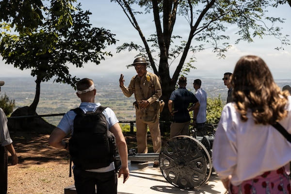 Mr. Rizaldy Mamuad, a museum curator  for the Mount Samat National Shrine of Valor, explains the history behind the Battle of Bataan and the Bataan Death March to U.S. Marines with Marine Rotational Force – Southeast Asia, I Marine Expeditionary Force, during a staff ride in honor of Memorial Day at Mount Samat National Shrine of Valor, Bataan, Philippines, May 23, 2026.