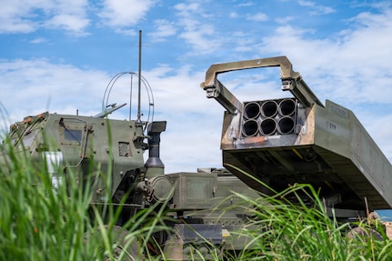 A High Mobility Artillery Rocket System (HIMARS) assigned to the 3rd Battalion, 12th Marine Regiment, 3rd Marine Division sits in a firing configuration during a training demonstration at the East Fuji Maneuver Area, Camp Fuji, Japan, May 20, 2026.