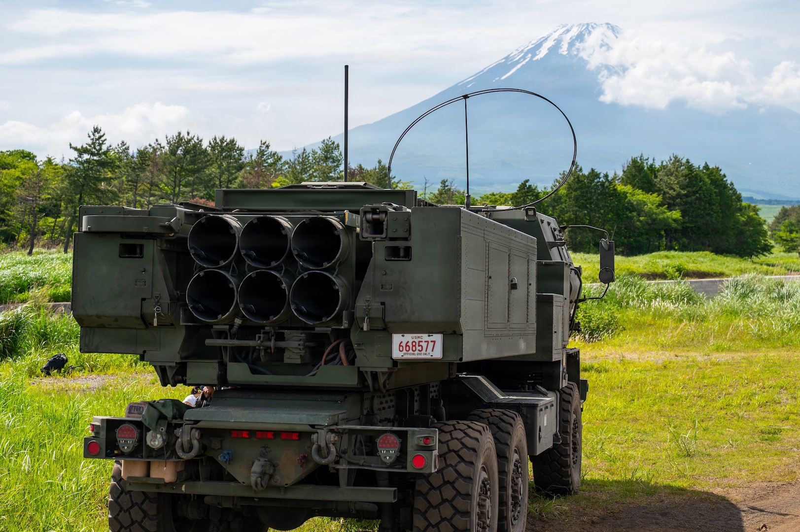 A High Mobility Artillery Rocket System assigned to the 3rd Battalion, 12th Marine Regiment, 3rd Marine Division is parked during a training demonstration at the East Fuji Maneuver Area, Camp Fuji, Japan, May 20, 2026.