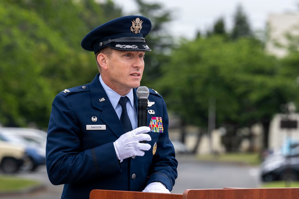 U.S. Air Force Col. Paul Davidson, 35th Fighter Wing commander, delivers closing remarks during a Memorial Day retreat ceremony at Misawa Air Base, Japan, May 21, 2026.
