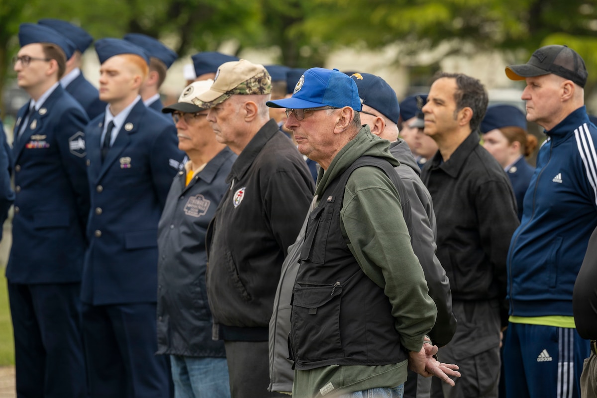 Veterans and U.S. Airmen assigned to the 35th Fighter Wing (FW) stand in formation during a Memorial Day retreat ceremony at Misawa Air Base, Japan, May 21, 2026.