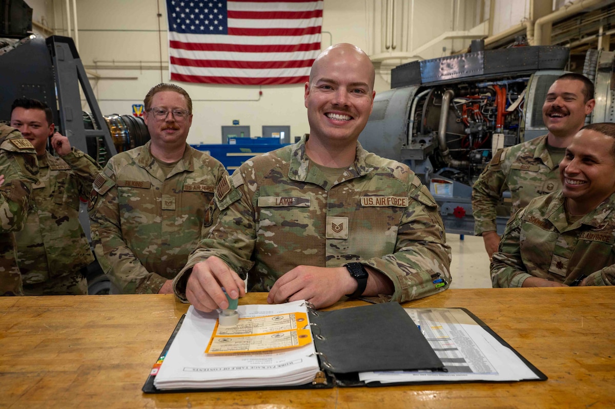 The final inspection stamp on a A-10 engine at Davis-Monthan AFB.