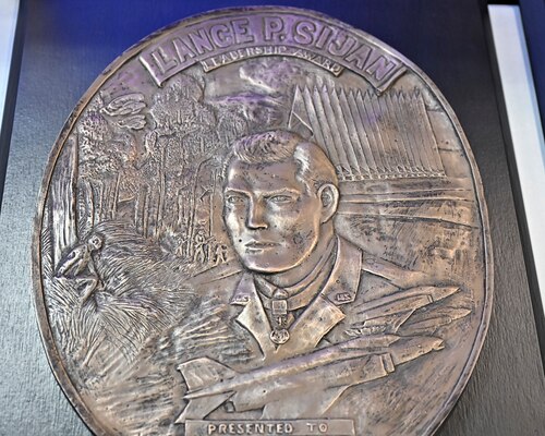 The Lance P. Sijan Award for leadership is displayed during a ceremony at the Pentagon in Arlington, Va., May 26, 2026. The recipients were Master Sgt. Steven Nelson, Chief Master Sgt. William Brakebill, Capt. Megan Langas and Maj. Joe Goliber. (U.S. Air Force photo by Eric Dietrich)