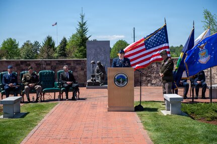 Photo of U.S. Air Force Maj. Gen. Hank Harder Jr., the Adjutant General of Vermont, delivering remarks during a Memorial Day ceremony at Camp Johnson in Colchester, Vt., May 21, 2026.