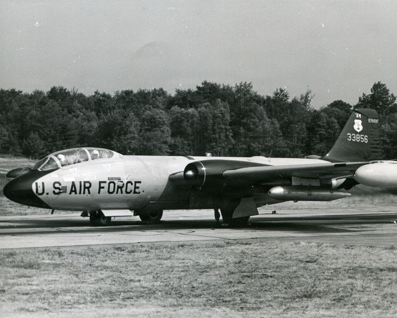 Photo of a U.S. Air Force EB-57, assigned to the Vermont Air National Guard, taxis on a runway in South Burlington, Vermont. The photo is used to provide historical context to the story, but does not feature the pilots described in the story.