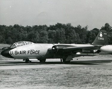 Photo of a U.S. Air Force EB-57, assigned to the Vermont Air National Guard, taxis on a runway in South Burlington, Vermont. The photo is used to provide historical context to the story, but does not feature the pilots described in the story.