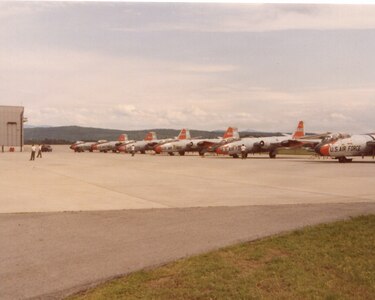 Photo of a  U.S. Air Force EB-57s, assigned to the Vermont Air National Guard, waiting on the runway in South Burlington, Vermont. The photo is used to provide historical context to the story, but does not feature the pilots described in the story.