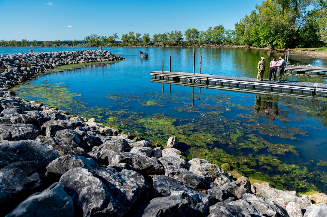 View of an aquatic environment with some greenery growing alongside a rock jetty.