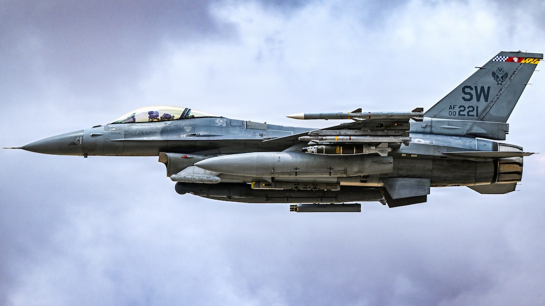 A U.S. Air Force F-16 Fighting Falcon takes off in the U.S. Central Command area of responsibility May 21, 2026. (U.S. Air Force photo by Tech. Sgt. Noah J. Tancer)