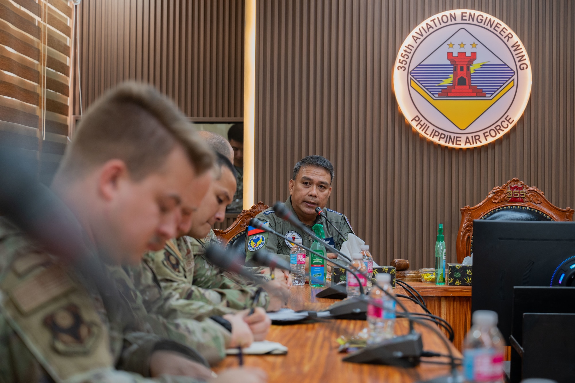 Philippine Air Force Col. Reynaldo Gabinete, 355th Aviation Engineer Wing commander, speaks to U.S. Air Force 21st Air Expeditionary Wing leadership during Exercise Balikatan 2026 at Basa Air Base, Philippines, May 4, 2026. Balikatan is a longstanding annual exercise between the Armed Forces of the Philippines and U.S. military designed to strengthen our ironclad alliance, improve our capable combined force and demonstrate our commitment to regional security and stability. (U.S. Air Force photo by Senior Airman Alondra Cristobal Hernandez)