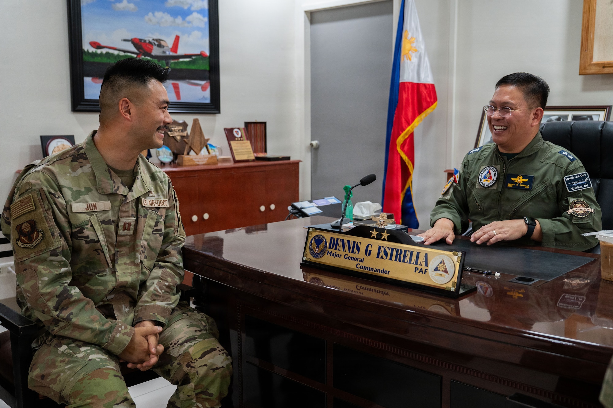 U.S. Air Force Capt. Joseph Jun, 21st Air Expeditionary Wing chaplain, meets with Philippine Air Force Maj. Gen. Dennis Estrella, Air Logistics Command commander, during a subject-matter expert exchange at Clark Air Base, Philippines, May 8, 2026. Balikatan is a longstanding annual exercise between the Armed Forces of the Philippines and U.S. military designed to strengthen our ironclad alliance, improve our capable combined force and demonstrate our commitment to regional security and stability. (U.S. Air Force photo by Senior Airman Alondra Cristobal Hernandez)