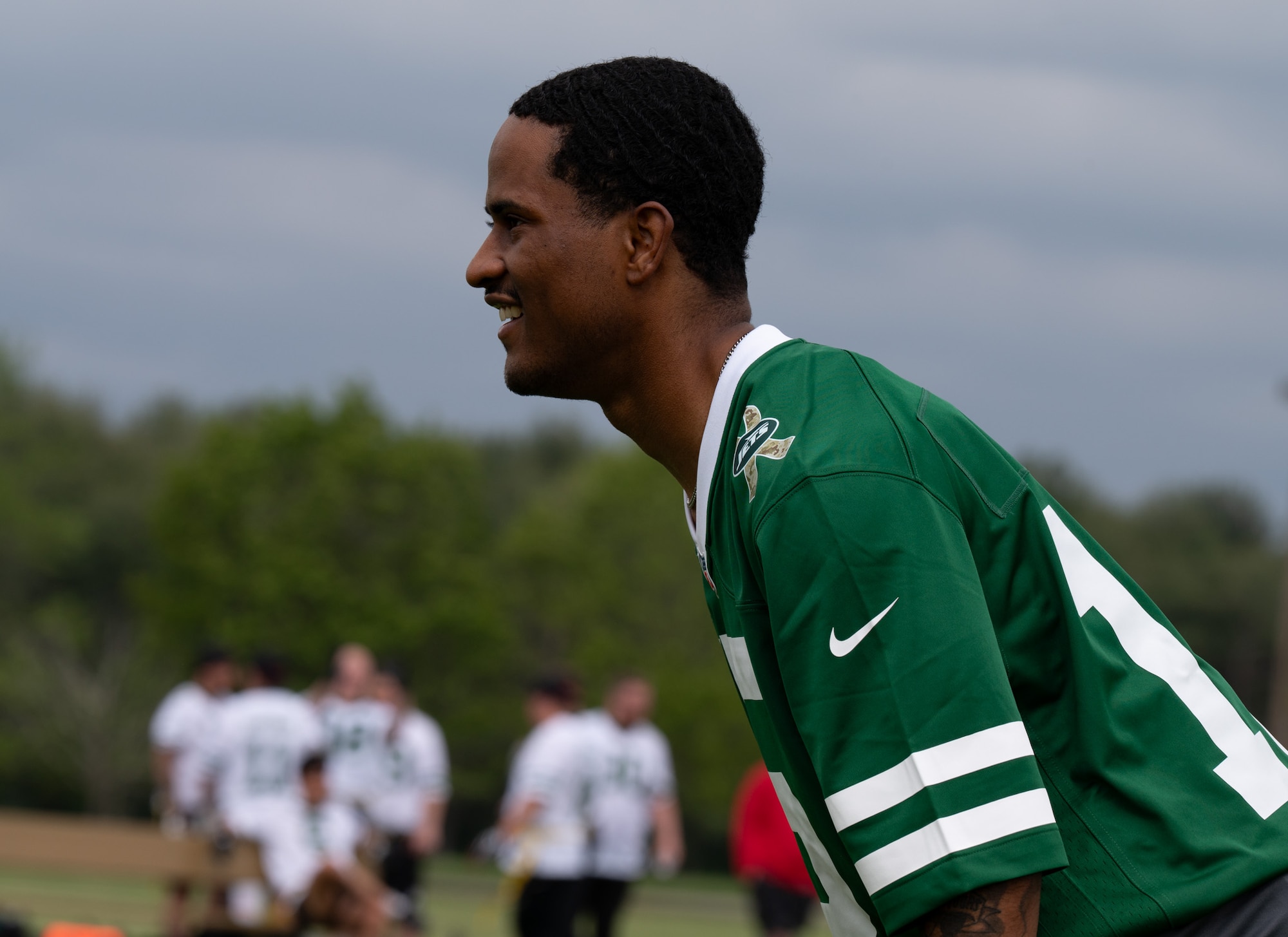 A U.S. Air Force Airman participates in the British army vs. Joint Base McGuire-Dix-Lakehurst flag football game at JB MDL, N.J., May 6, 2026. The game brought friendly competition between allied nations and entertainment in celebration of the U.S.’s 250th year of independence. (U.S. Air Force photo by Airman 1st Class Haeleigh Bayle)