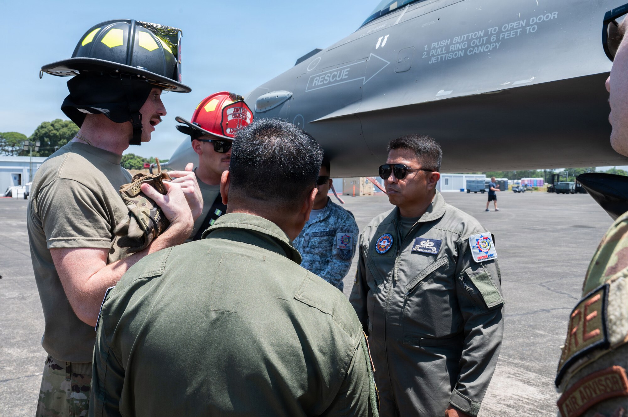 U.S. Air Force firefighters assigned to 21st Combat Air Base Squadron, and Philippine Air Force conduct a subject matter expert exchange during Exercise Balikatan 2026 at Basa Air Base, April 29, 2026. Balikatan is a longstanding annual exercise between the Armed Forces of the Philippines and U.S. military that represents the strength of our alliance, improves our capable combined force, and demonstrates our commitment to regional peace and prosperity. (U.S. Air Force photo by Senior Airman Alondra Cristobal Hernandez)