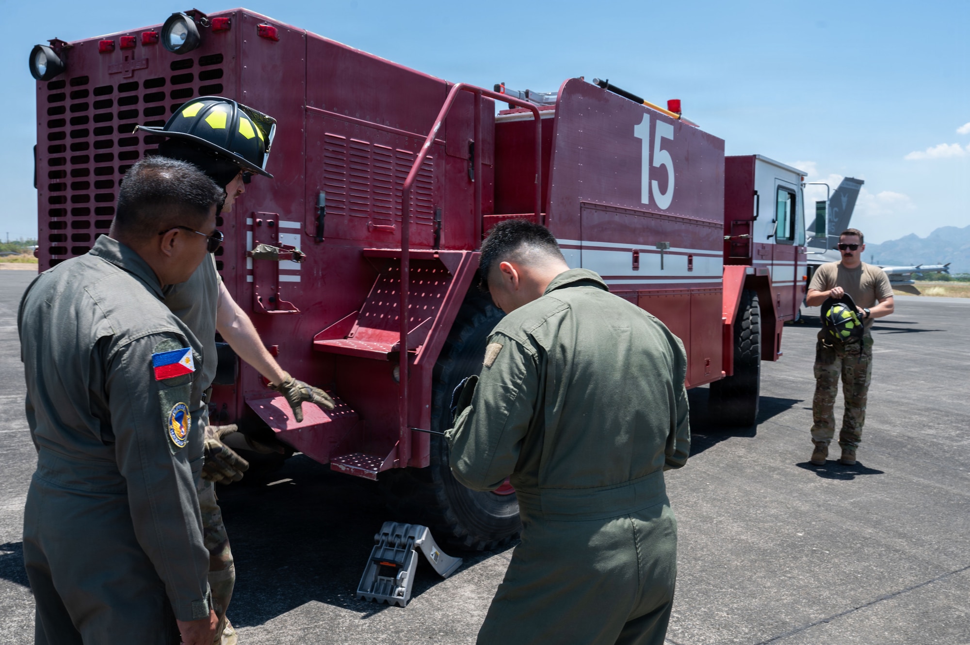 U.S. Air Force firefighters assigned to 21st Combat Air Base Squadron, and Philippine Air Force conduct a subject matter expert exchange during Exercise Balikatan 2026 at Basa Air Base, April 29, 2026. Balikatan is a longstanding annual exercise between the Armed Forces of the Philippines and U.S. military that represents the strength of our alliance, improves our capable combined force, and demonstrates our commitment to regional peace and prosperity. (U.S. Air Force photo by Senior Airman Alondra Cristobal Hernandez)