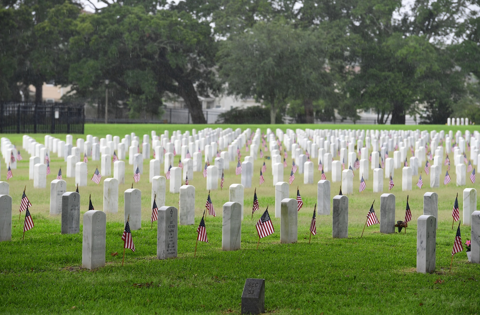 Veteran tombstones fill a field with U.S Flags placed beside them.
