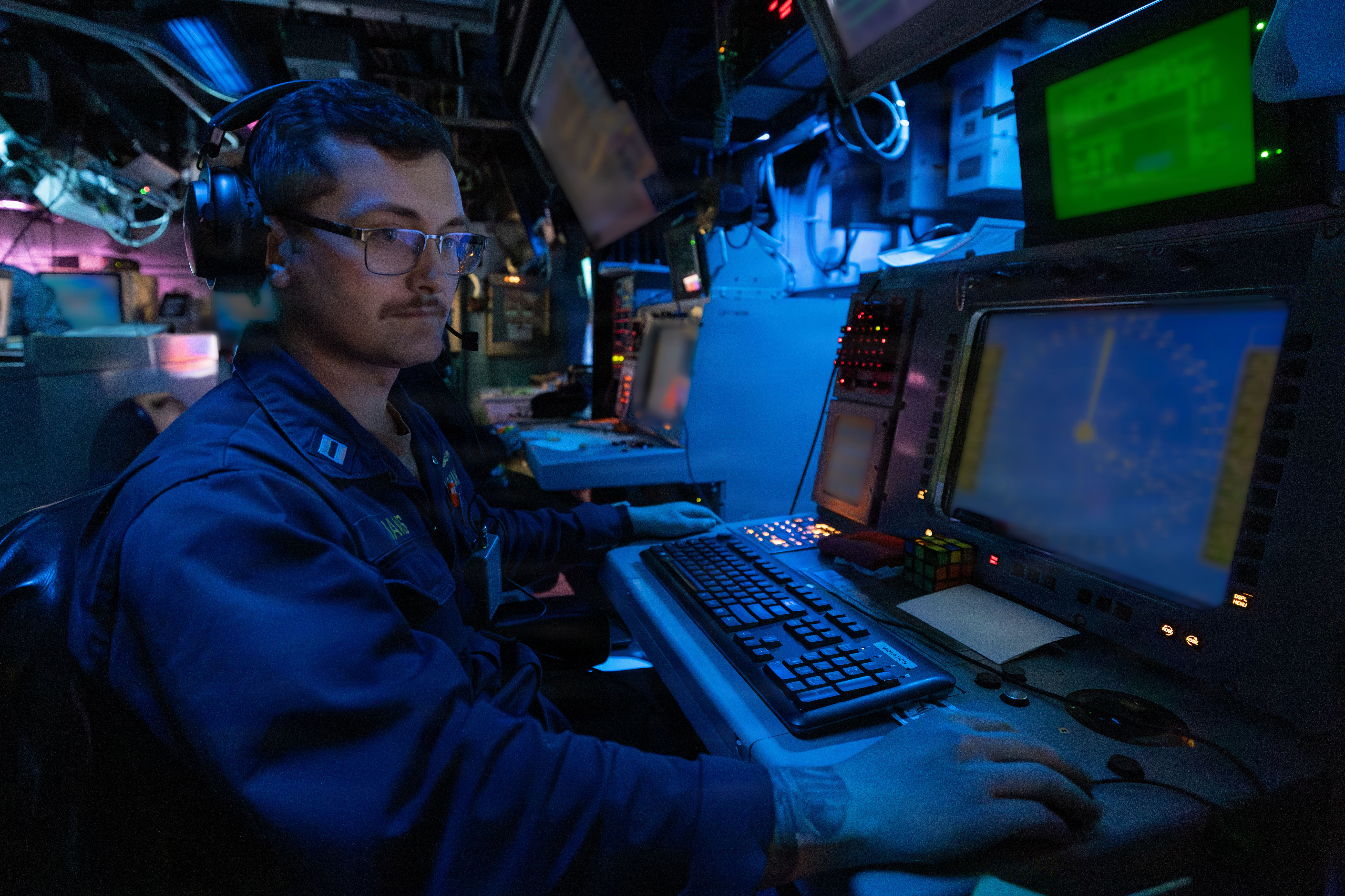 Lt. Joshua James stands the surface warfare coordinator watch during combat systems training team scenarios aboard the Arleigh Burke-class guided-missile destroyer USS Gonzalez (DDG 66), May 18, 2026