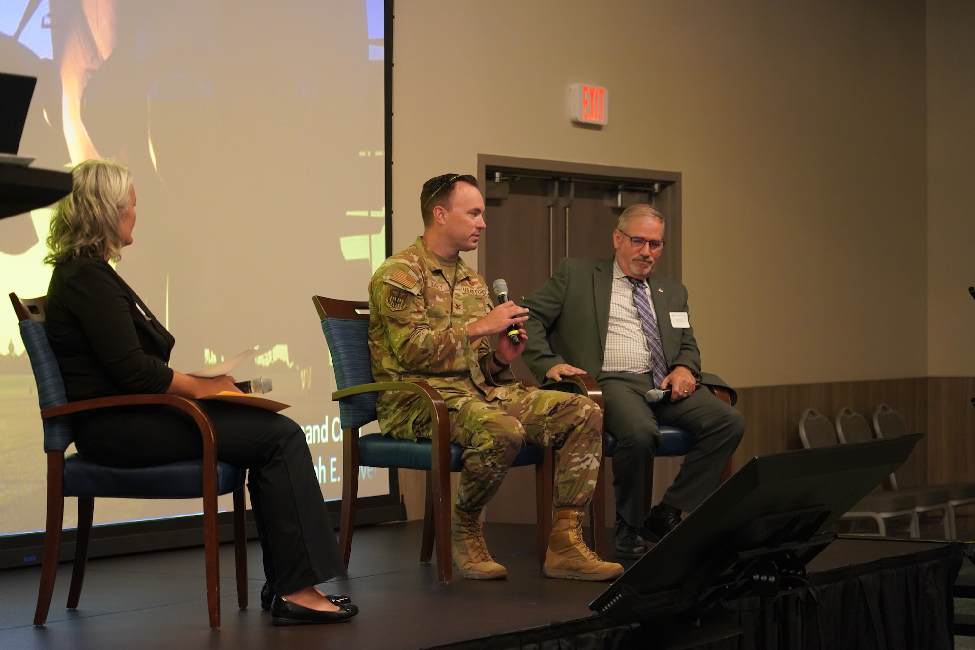 U.S. Air Force Col. Clayton Schuety, 1st Special Operations Wing deputy commander, and Rick Masters, 1 SOW executive director, present a Hurlburt Field installation update at the Northwest Florida Defense Coalition’s Tri-State Military Mission Forum in Pensacola, Florida, May 27, 2026.