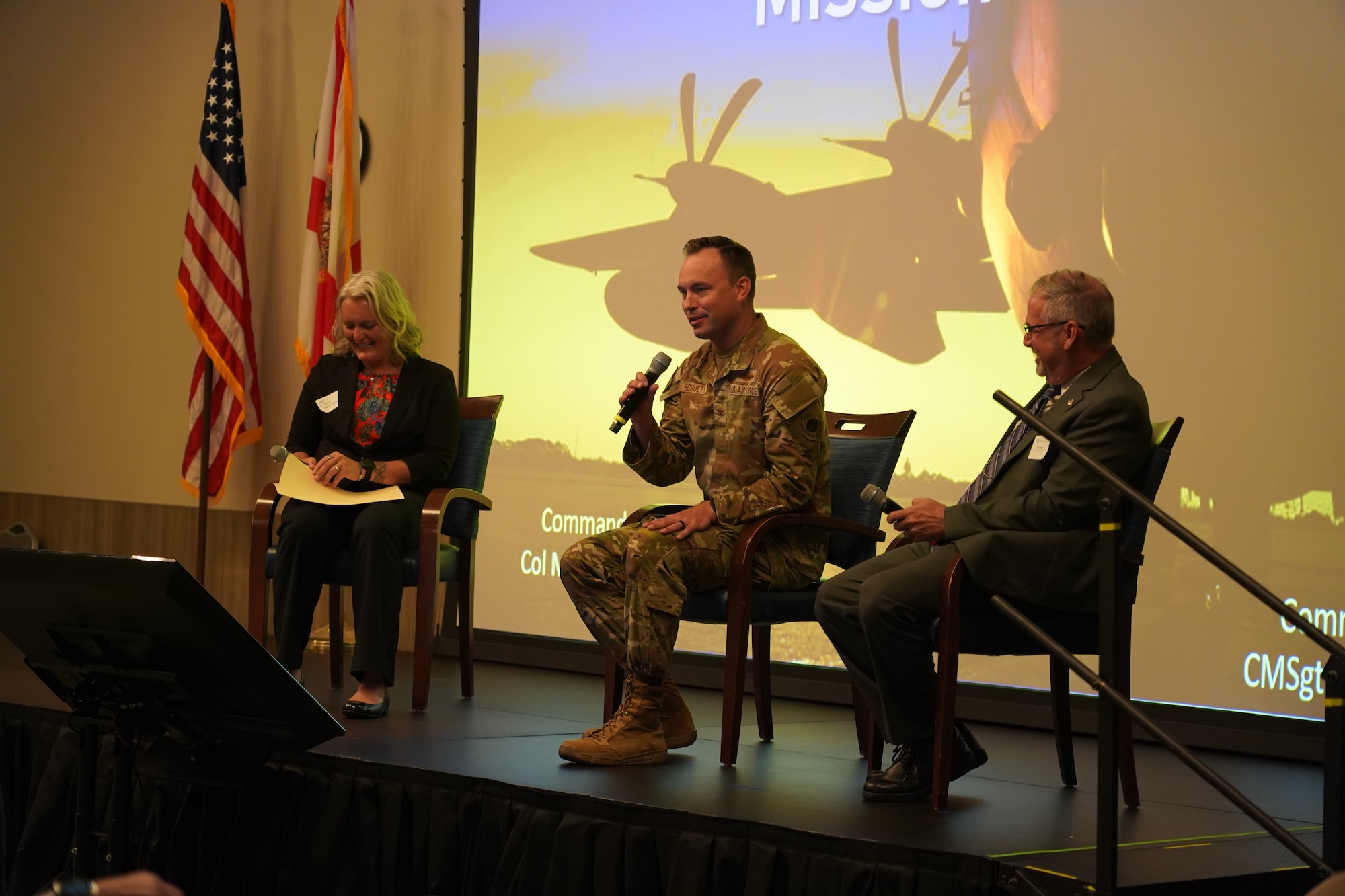 U.S. Air Force Col. Clayton Schuety, 1st Special Operations Wing deputy commander, and Rick Masters, 1 SOW executive director, present a Hurlburt Field installation update at the Northwest Florida Defense Coalition’s Tri-State Military Mission Forum, May 27, 2026.