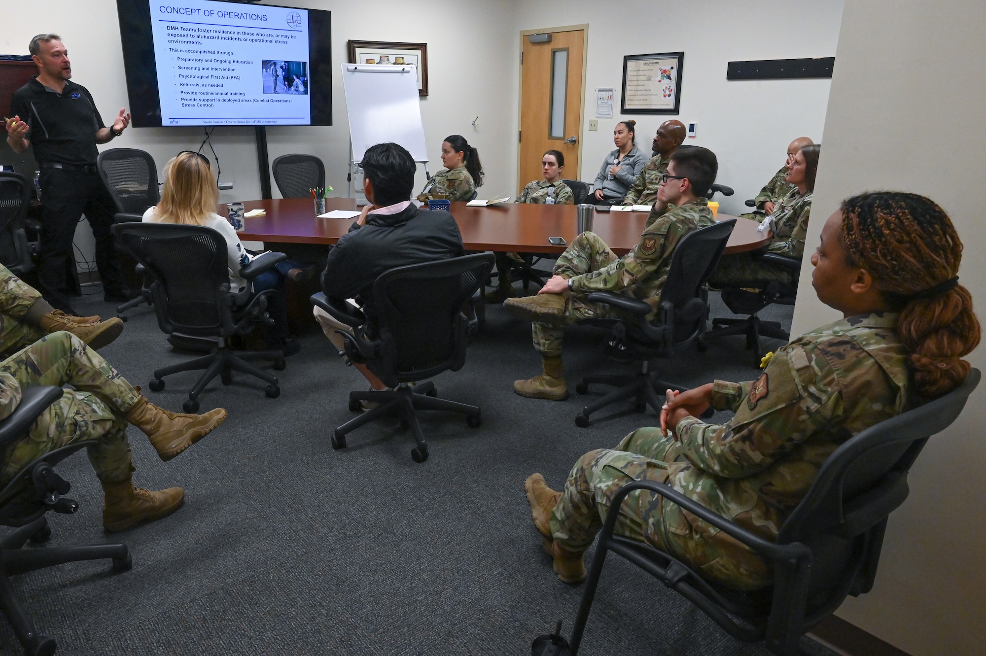 Airmen and civilians from the 377th Medical Group attend a disaster mental health training as part of the Sustainment Operations for Air Force Medical Service Response (SOAR) exercise at Kirtland Air Force Base.