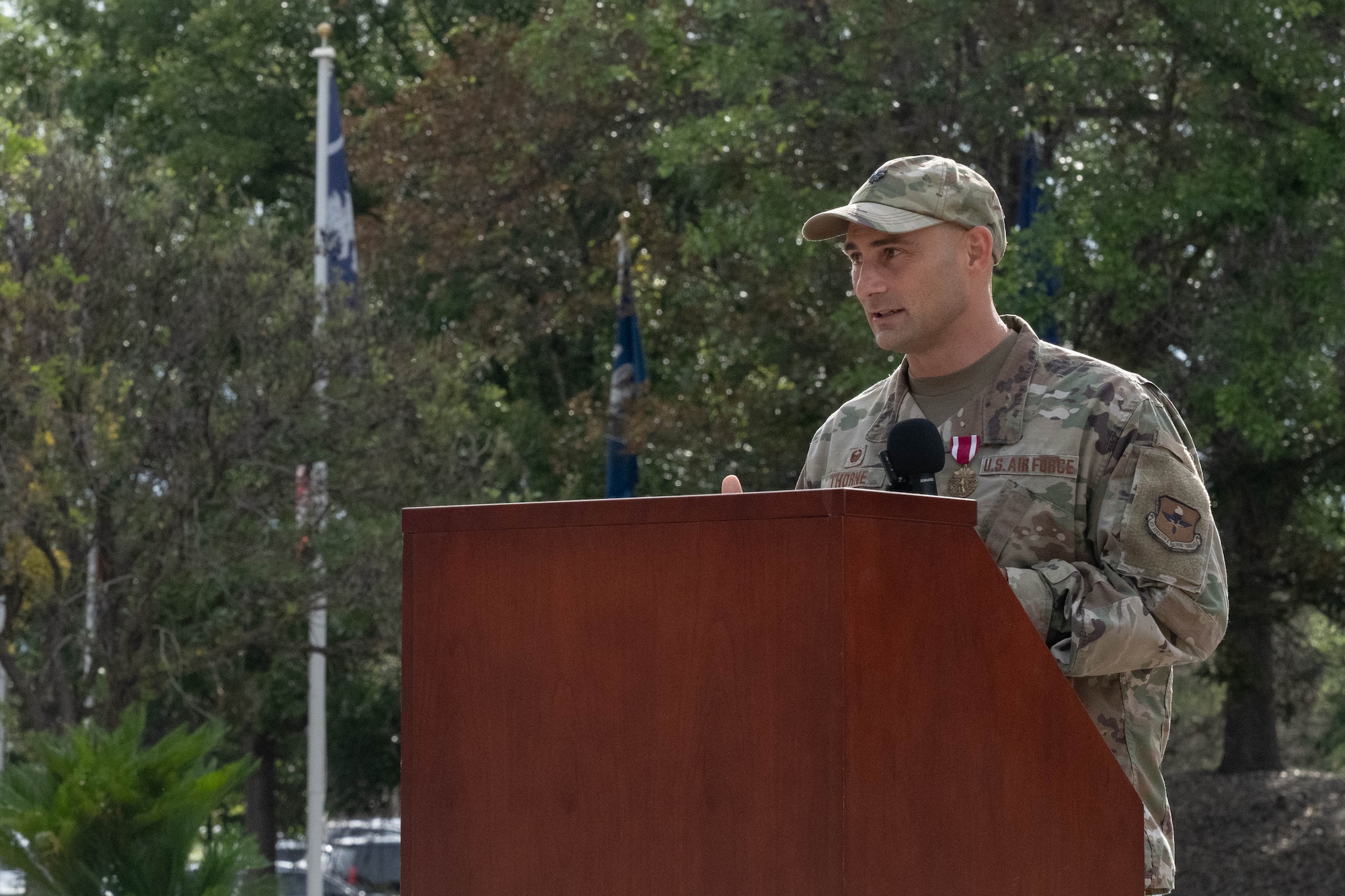 U.S. Air Force Lt. Col. Matthew Thorne, outgoing 47th Contracting Squadron (CONS) commander, delivers remarks during the 47th CONS change of command ceremony at Laughlin Air Force Base, Texas, May 27, 2026. During his speech, Thorne thanked his squadron for helping him become a better leader and Airman. (U.S. Air Force photo by Airman 1st Class Darryl Keith)
