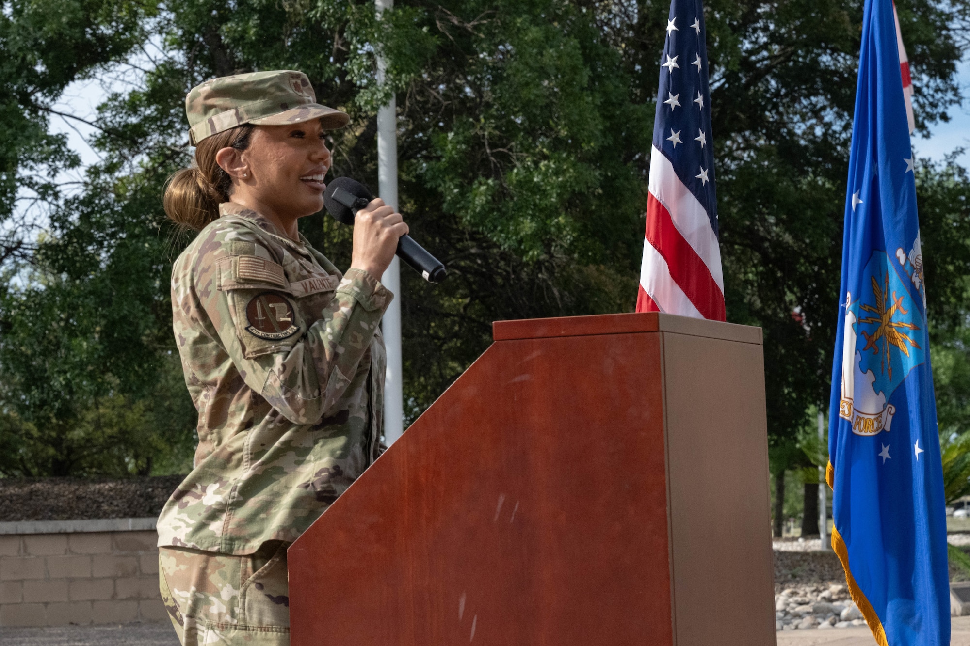 U.S. Air Force Maj. Vanessa Valente, incoming 47th Contracting Squadron (CONS) commander, delivers remarks during the 47th CONS change of command ceremony at Laughlin Air Force Base, Texas, May 27, 2026. During her speech, Valente formally introduced herself and expressed her expectations of the squadron. (U.S. Air Force photo by Airman 1st Class Darryl Keith)