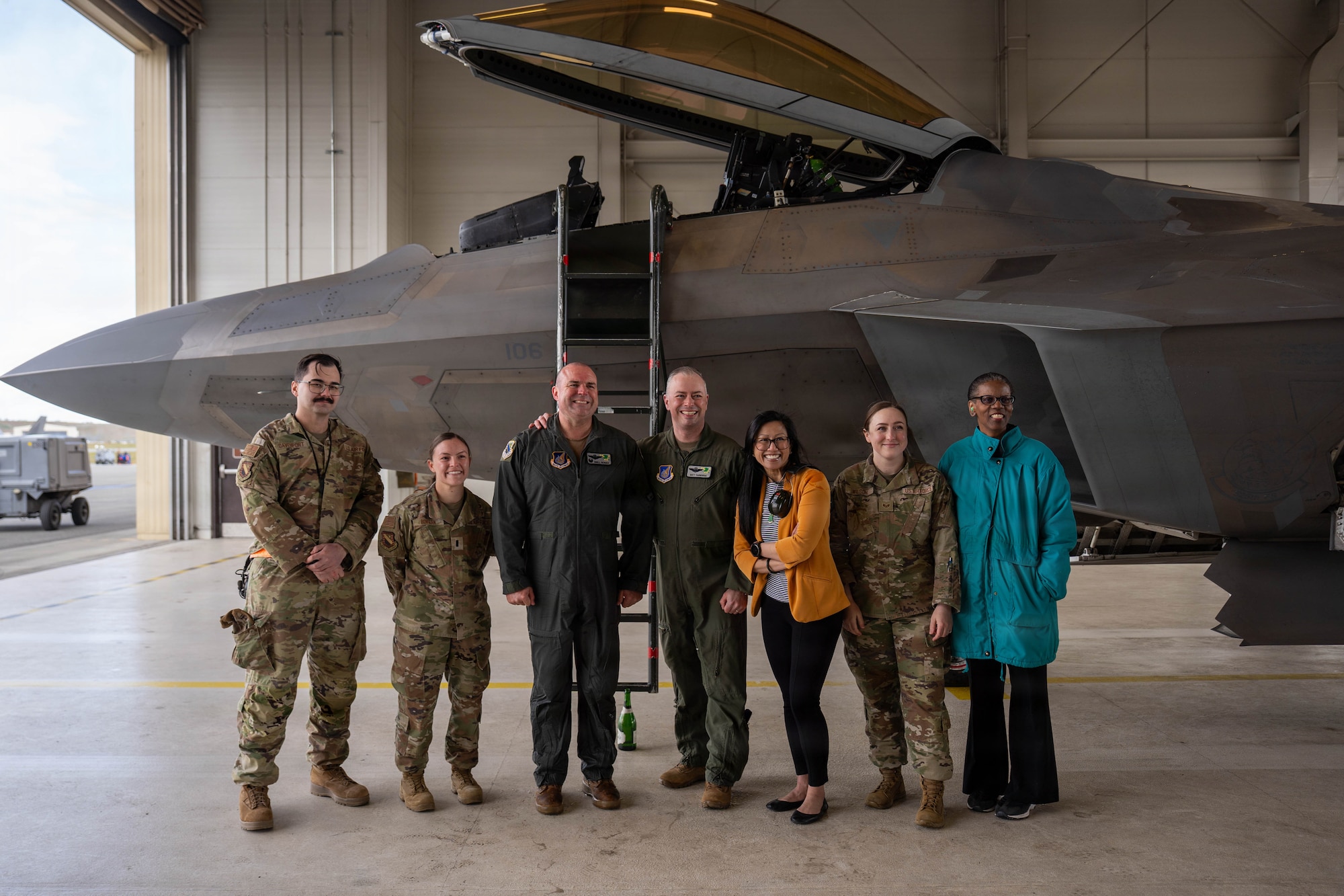 U.S. Air Force Col. Charles Schuck, 3rd Wing commander, poses with 3rd Wing command staff in front of an F-22 Raptor aircraft following his final flight on Joint Base Elmendorf-Richardson, Alaska, May 26, 2026. The 3rd Wing maintains a variety of response options throughout the Alaska theater of operations to detect, deter and defeat potential threats to the U.S. and its allies. (U.S. Air Force photo by Airman 1st Class Keola Vischi)