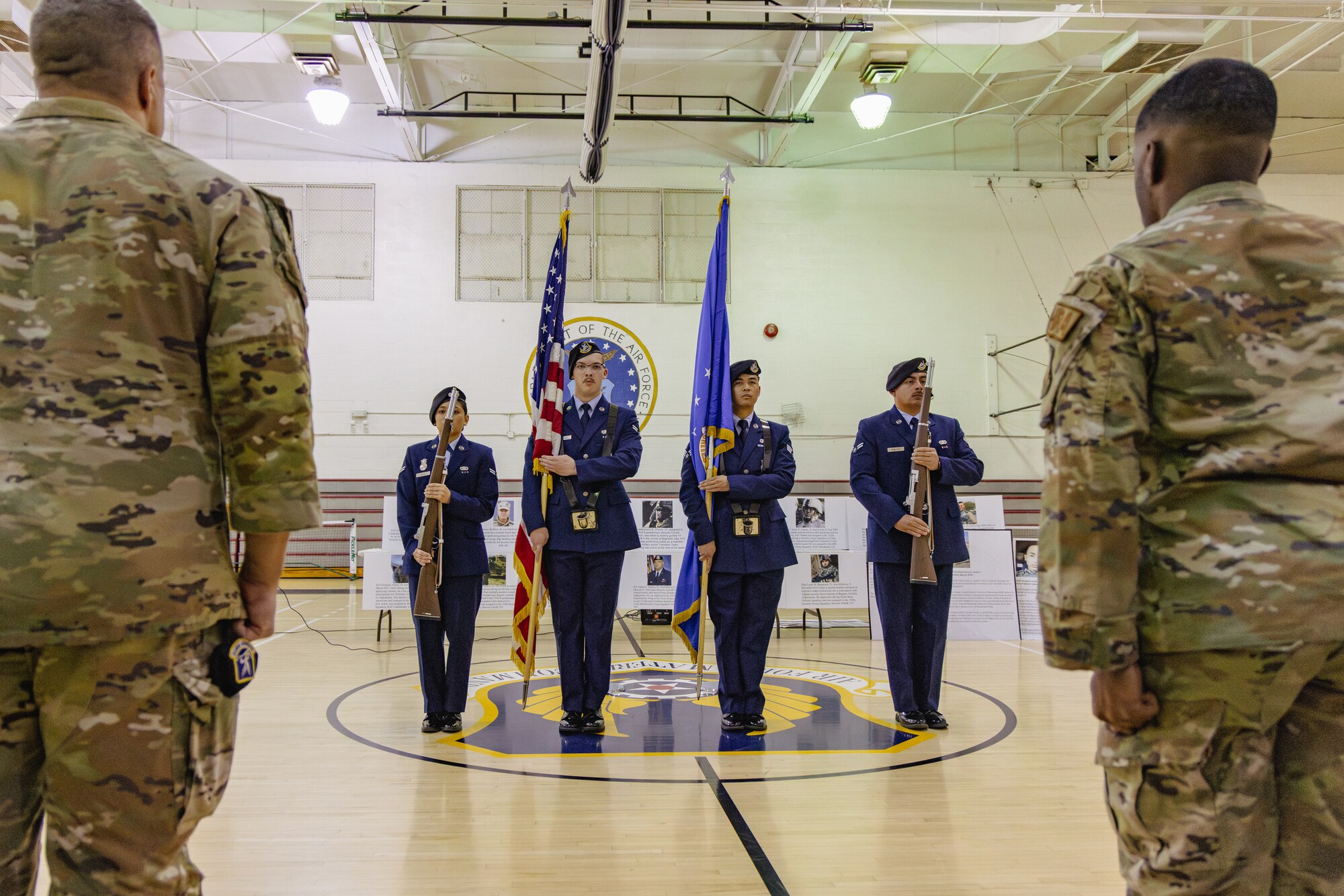 The Blue Eagles Honor Guard team presents colors during the opening ceremony of Police Week 2026 at Edwards Air Force Base, California, May 11. (Air Force photo by Brandon Hernandez)