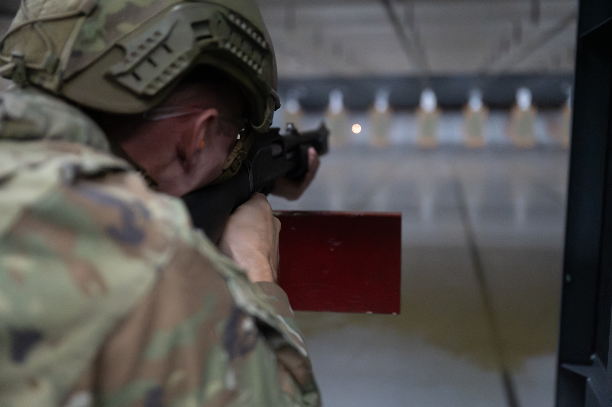 U.S. Air Force Airman 1st Class Alexander Flores, 325th Security Forces Squadron response force member, fires an M870 shotgun downrange at Tyndall Air Force Base, Florida, May 21, 2026. Airmen must master operator maintenance in a controlled setting before applying those skills during the hands-on firing evaluation.
