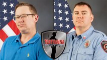 A side by side collage of two official portraits. In each portrait, a person poses for a photo in front of a gray background and an American flag.