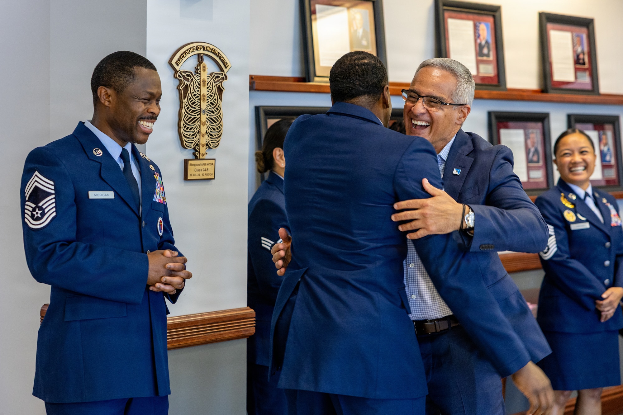 Retired Senior Enlisted Advisor to the Chairman Ramón “CZ” Colón‑López is welcomed into the Sheppard Noncommissioned Officer Academy with open arms during a visit to Sheppard Air Force Base, Texas, May 27, 2026.