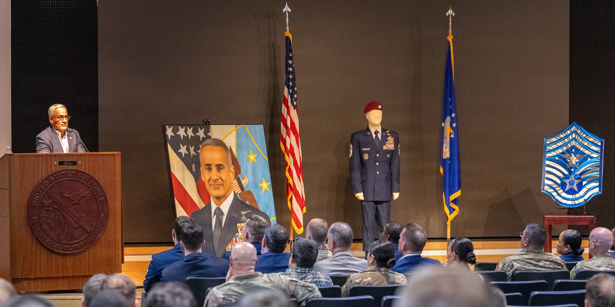 Retired Senior Enlisted Advisor to the Chairman Ramón “CZ” Colón‑López speaks during the dedication of the Colón‑López Noncommissioned Officer Academy Auditorium at Sheppard Air Force Base, Texas, May 27, 2026.