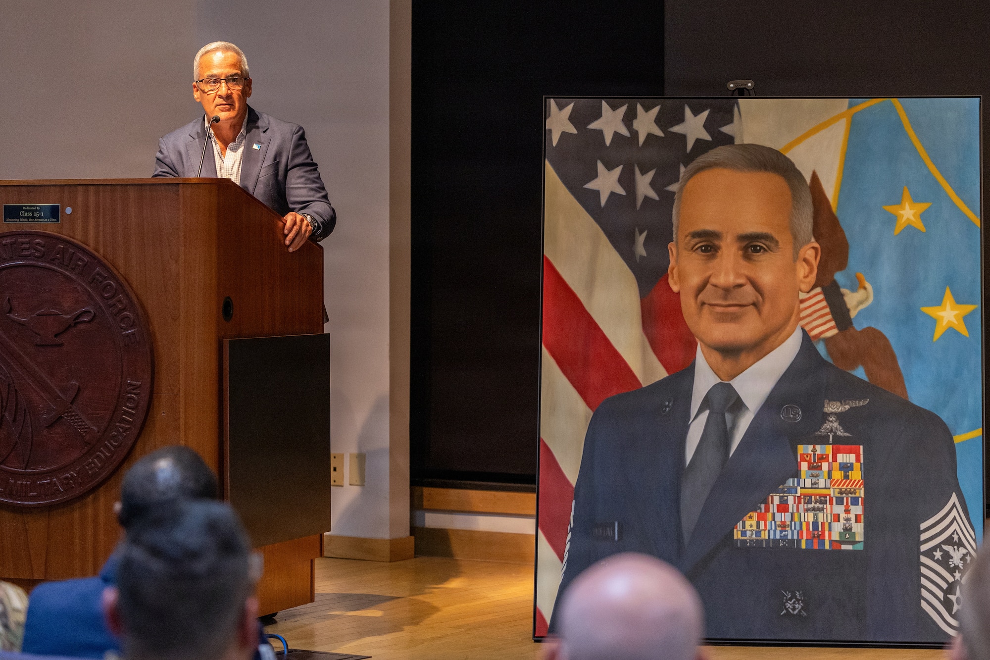 Retired Senior Enlisted Advisor to the Chairman Ramón “CZ” Colón‑López delivers remarks during the dedication of the Colón‑López Noncommissioned Officer Academy Auditorium at Sheppard Air Force Base, Texas, May 27, 2026