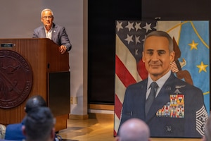 Retired Senior Enlisted Advisor to the Chairman Ramón “CZ” Colón‑López delivers remarks during the dedication of the Colón‑López Noncommissioned Officer Academy Auditorium at Sheppard Air Force Base, Texas, May 27, 2026
