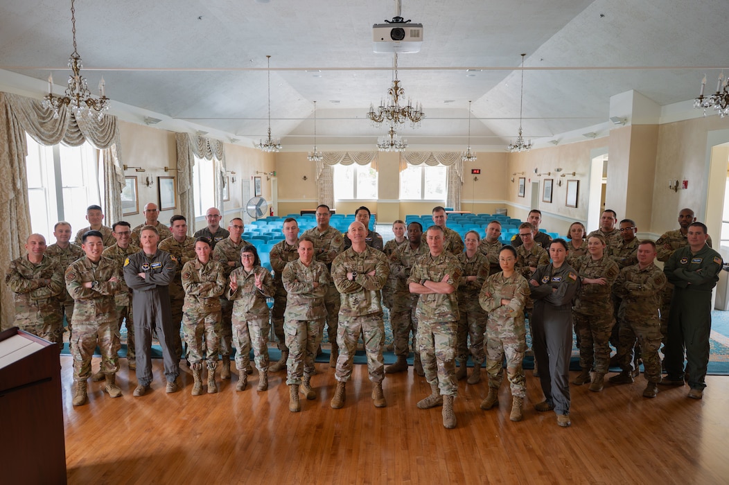 517th Training Group Airmen pose with the U.S. Air Force intelligence career field Management Team at the Presidio of Monterey, Calif., May 12, 2026.