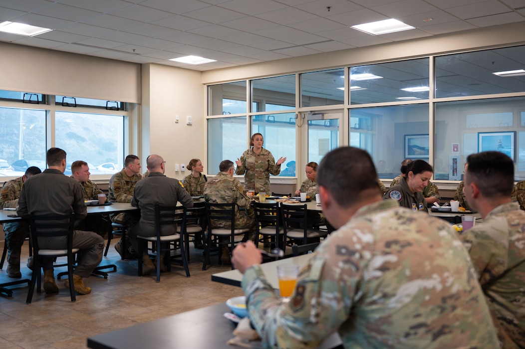 Chief Master Sgt. Heather Celano, 517th Training Group senior enlisted leader, introduces the U.S. Air Force intelligence career field manager team to NCOs of the 517th Training Group at the Presidio of Monterey, Calif., May 12, 2026.