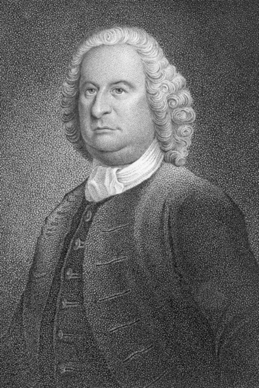 A black and white illustration of a man in colonial attire.