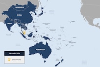 Parts of Asia, all of Australia and other islands are shown in dark blue on a map, with a yellow dot with black star to locate Singapore.
