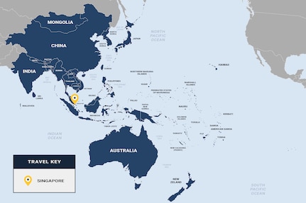 Parts of Asia, all of Australia and other islands are shown in dark blue on a map, with a yellow dot with black star to locate Singapore.