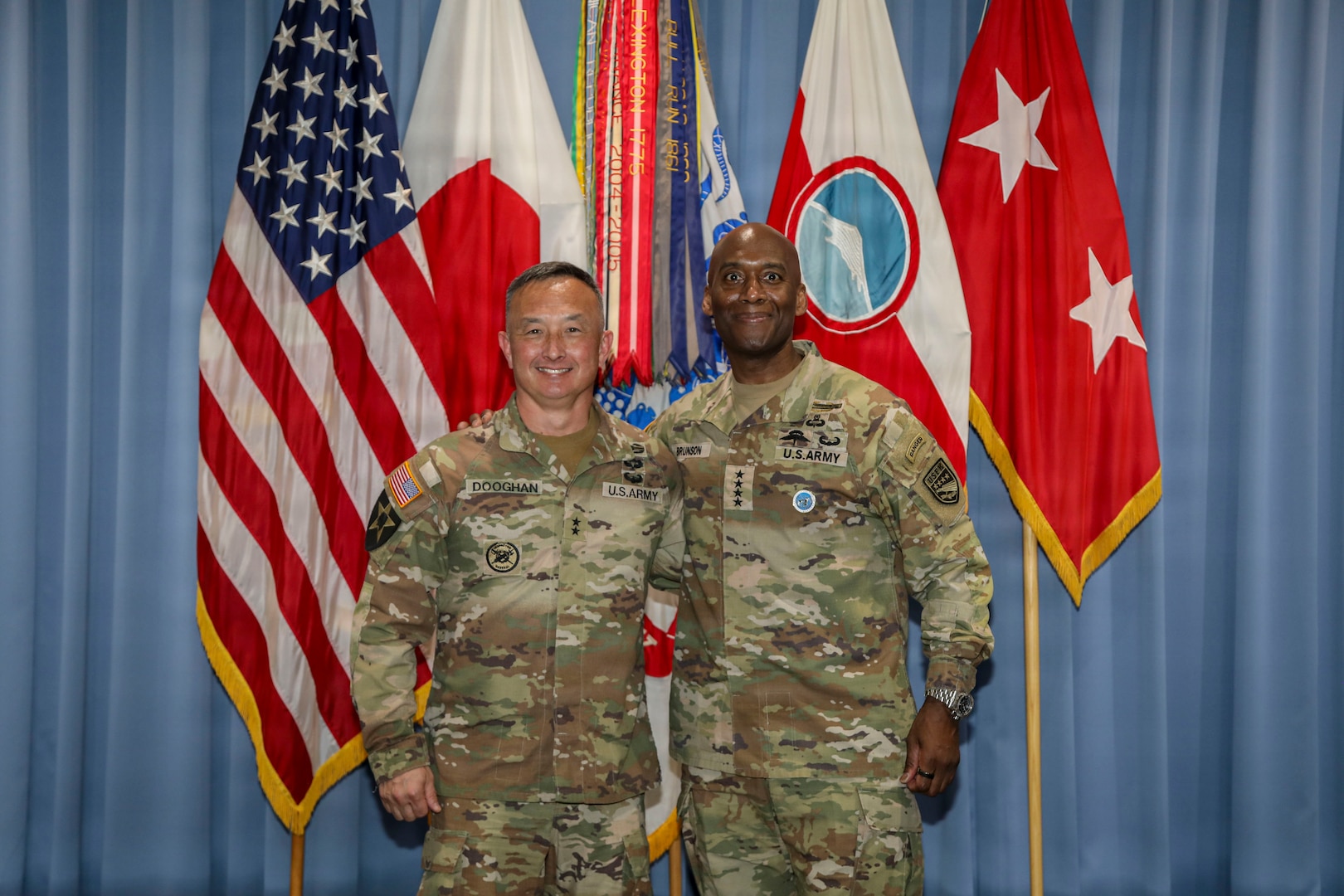 U.S. Army Gen. Xavier T. Brunson, commander of USFK, and Army Maj. Gen. James K. Dooghan, commander of U.S. Army Japan, meet at Camp Zama to discuss regional land power and training.