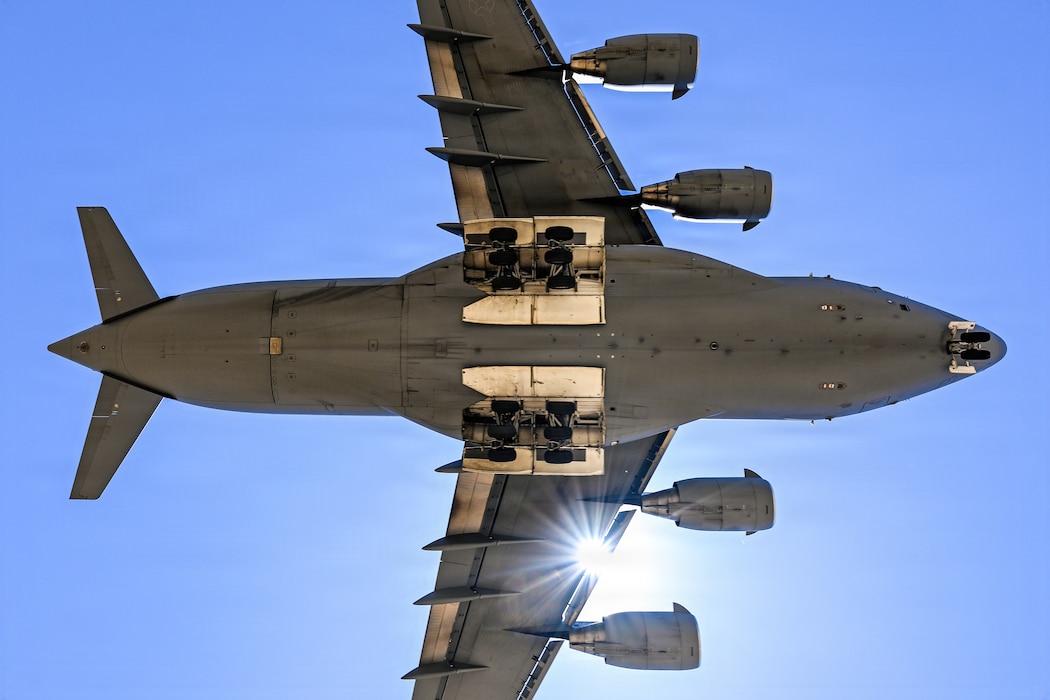 A U.S. Air Force C-17 Globemaster III lands at an undisclosed location in the Middle East, May 7, 2026. The C-17 provides rapid global mobility by transporting personnel, equipment and supplies in support of combatant commander requirements across the region. (U.S. Air Force photo by Tech. Sgt. Noah J. Tancer)